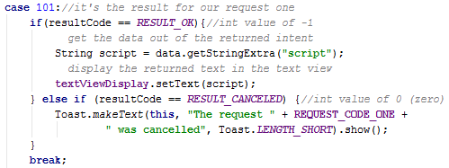 Processing the result with a switch statement. case 101