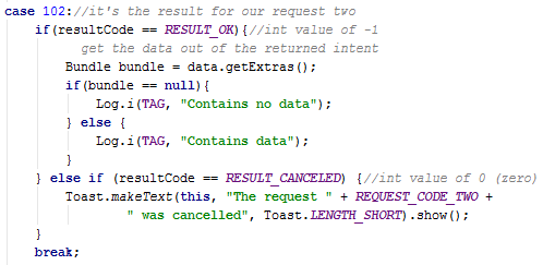 Processing the result with a switch statement. case 102