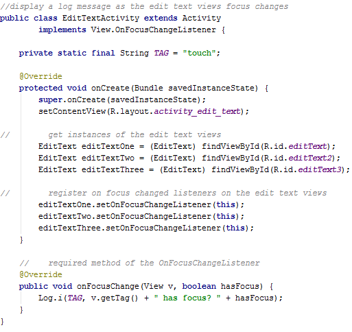 Android Touch Mode and focus setOnFocusChangeListener()