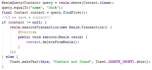 realm.executeTransaction() deleteFramRealm() to delete an object in realm