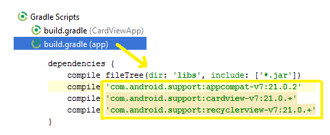 Android RecyclerView and CardView widgets tutorial bulid.gradle dependencies