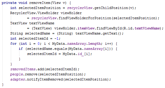 Android RecyclerView widget tutorial remove item notifyItemRemoved()