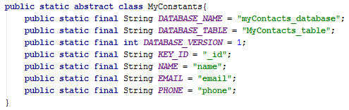 SQLite database constants class