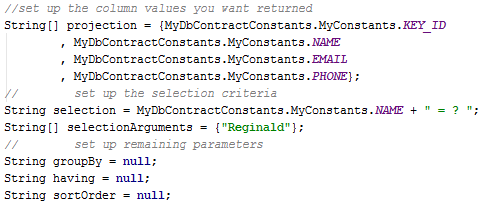 SQLite database query parameters