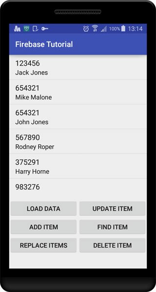 Firebase Realtime Database tutorial app screenshot